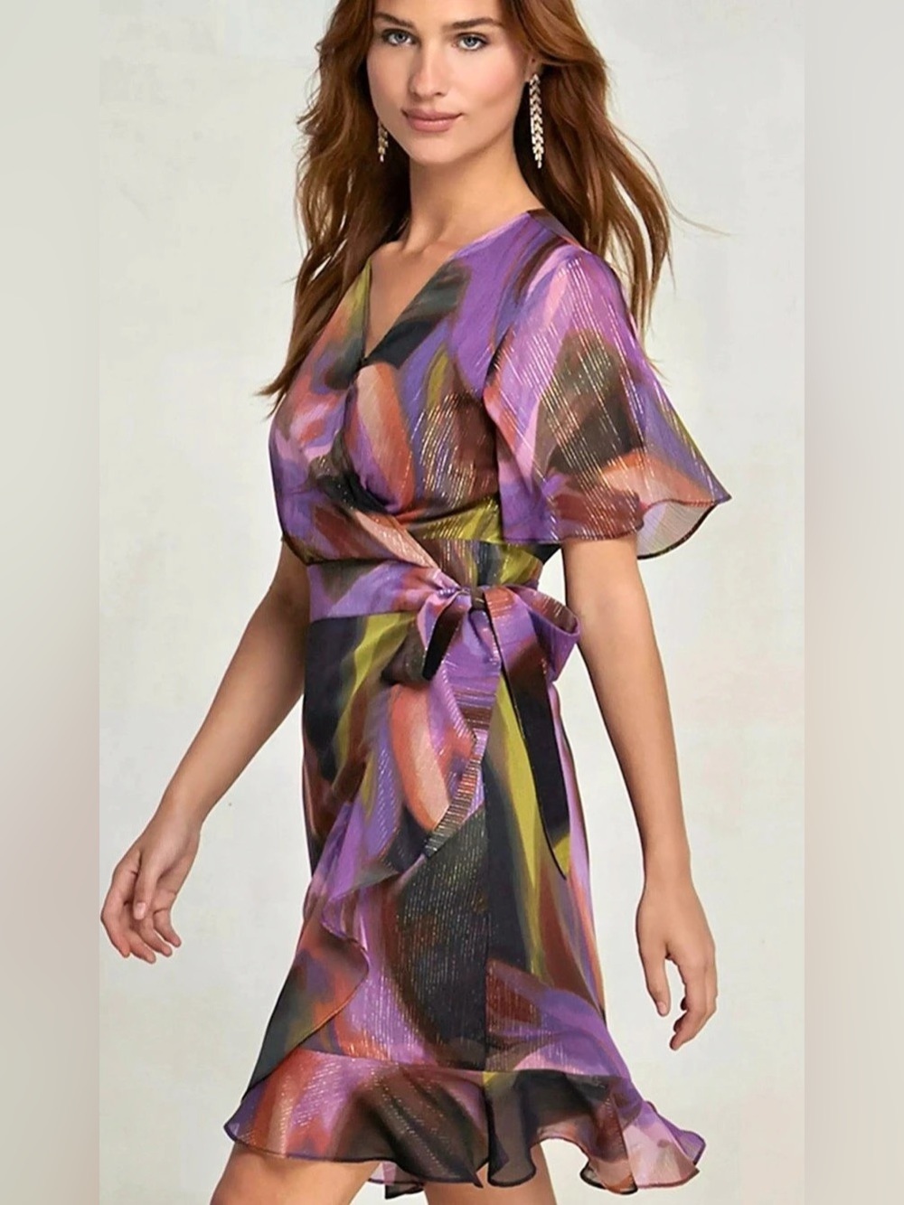 Nicole Miller Abstract Print Wrap Midi Dress in Purple & Gold Thread size 4
